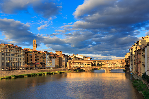 Panoramic View of Ponte Vecchio and Arno river in Florence, Italy