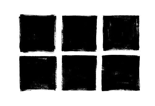 Set of grunge square template backgrounds. Vector black painted squares or rectangular shapes. Hand drawn brush strokes isolated on white. Dirty grunge design frames, borders or templates for text.