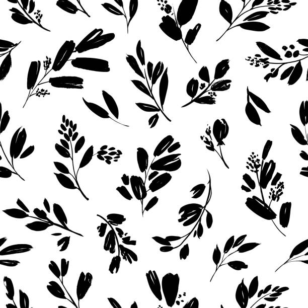 ilustrações, clipart, desenhos animados e ícones de folhas e galhos vetores padrão perfeito. folhas de pincel preto, galhos e pequenas flores. ornamento moderno do ramo preto, textura de tinta com folhagens. - white background flower backgrounds bouquet