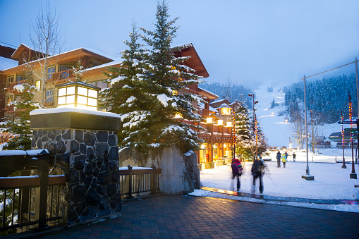 Festive evening in Whistler village. Whistler at Christmas. Top ski resorts in the world. Best travel destinations in Canada.