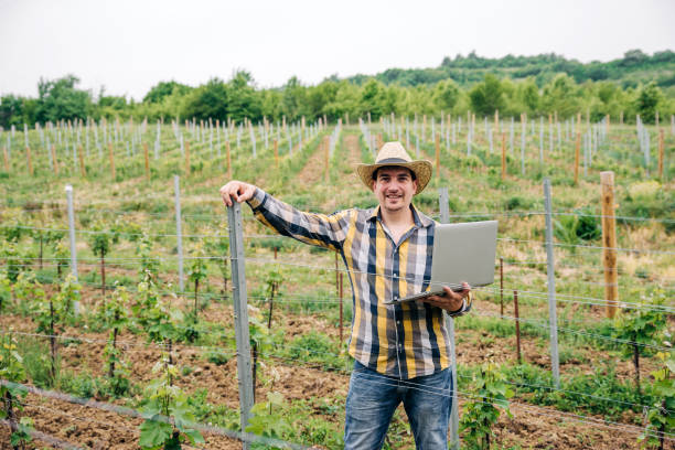 istock Professional man wine maker use a laptop to inspect his wine yard 1253955560
