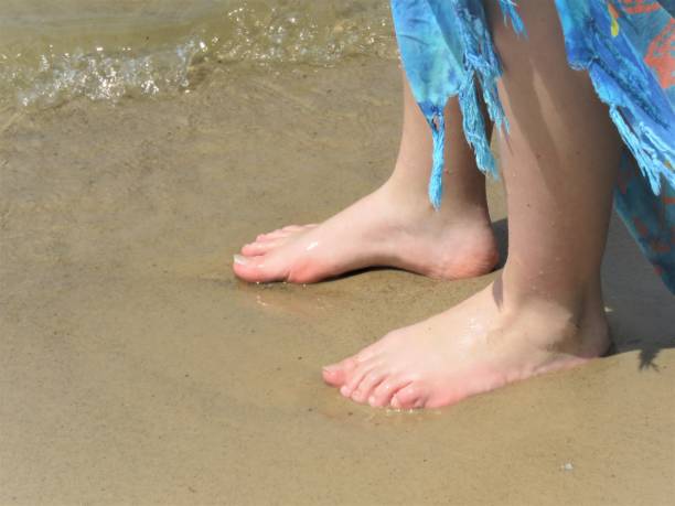 Girl's bare feet on sand at water's edge. Copy space.