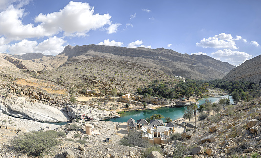 Wadi Bani Khalid, Oman, Eastern Hajar Mountains, Wadi Partly Water All Year Around, Best-Known Wadi in the Shamal al-Sharqiyya District, Bare Mountains, Stony Slopes, Date Palms in the Wadi, Settlements, Point of Interest
