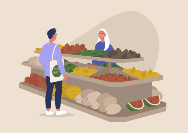 ilustrações de stock, clip art, desenhos animados e ícones de supermarket fruit stand, organic vegetables, green grocery, healthy lifestyle - supermarket worker