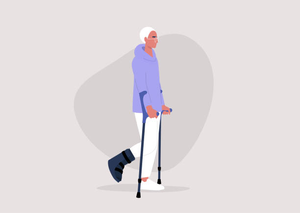 illustrazioni stock, clip art, cartoni animati e icone di tendenza di giovane personaggio maschile con una gamba fratturata usando stampelle per camminare, assistenza sanitaria - men crutch isolated support