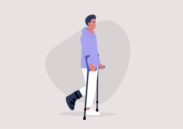 illustrazioni stock, clip art, cartoni animati e icone di tendenza di giovane personaggio maschile con una gamba fratturata usando stampelle per camminare, assistenza sanitaria - men crutch isolated support