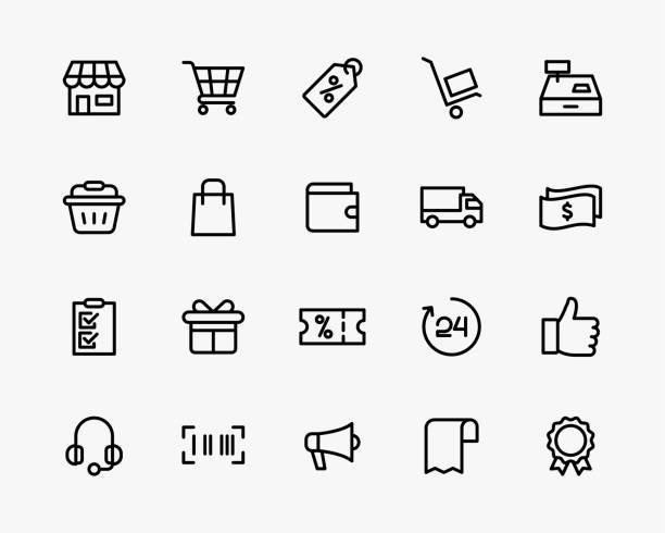 ilustraciones, imágenes clip art, dibujos animados e iconos de stock de los iconos de comercio electrónico establecen el estilo de línea vectorial - shopping