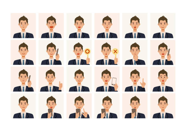 Face expressions of a businessman in suits. Different male emotions and poses set. Face expressions of a businessman in suits. Different male emotions and poses set. Isolated vector illustration icons set in flat style. asian suit man cross hand stock illustrations
