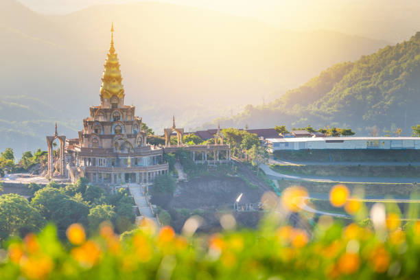 Nature sunset view with Buddha Statue installation at Wat Prathat Phasornkaew Petchabun province Thailand