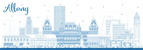 Vector illustration of Outline Albany New York City Skyline with Blue Buildings.