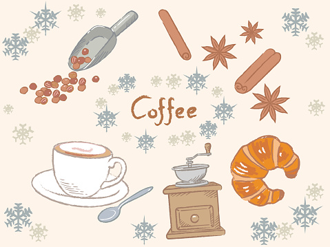 Christmas or winter and coffee themed Items for cafe menu or other use. Vector illustration.