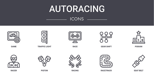 autoracing concept line icons set. contains icons usable for web, logo, ui/ux such as traffic light, gear shift, racer, racing, racetrack, seat belt, podium, race