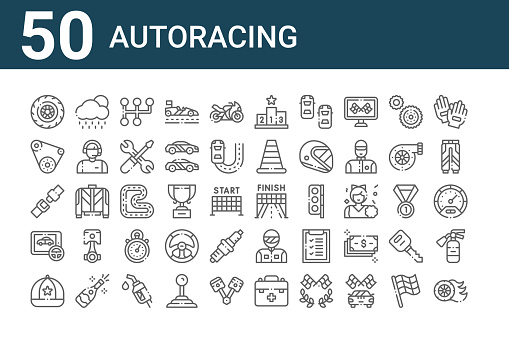 set of 50 autoracing icons. outline thin line icons such as tire, cap, game, seat belt, conveyor belt, rain, finish