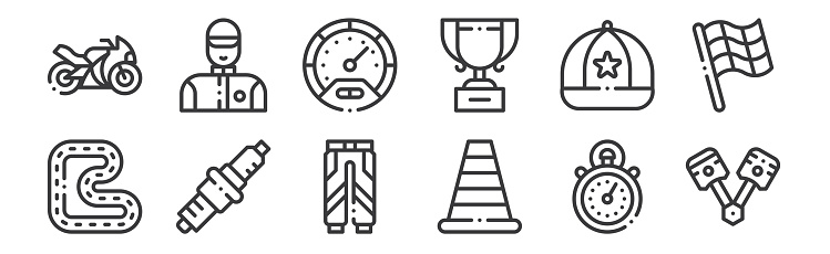 12 set of linear autoracing icons. thin outline icons such as piston, traffic cone, spark plug, cap, speedometer, technician for web, mobile