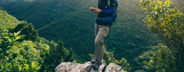 istock Woman hiker using smartphone  on forest mountain top cliff edge 1253975755