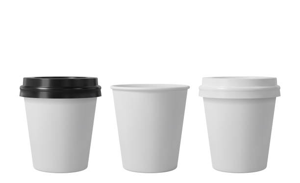 istock Little paper coffee cups with black and white lids. Open and closed small paper cup. Realistic vector mockup. 1253975759