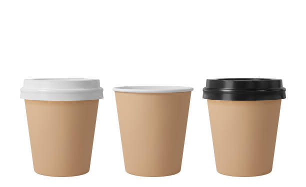 istock Little brown paper coffee cups with black and white lids. Open and closed small paper cup. Realistic vector mockup. 1253975761