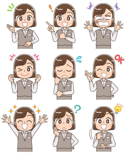 Young female staff in uniform.She has various expressions. Young female staff in uniform.She has various expressions. file clerk stock illustrations