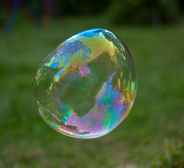 istock Large soap bubble floating across blurred green lawn background 1253976728