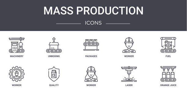 ilustrações, clipart, desenhos animados e ícones de ícones da linha de conceito de produção em massa definidos. contém ícones utilizáveis para web, logotipo, ui/ux como unboxing, trabalhador, trabalhador, trabalhador, laser, suco de laranja, combustível, pacotes - packaging horizontal non alcoholic beverage orange juice