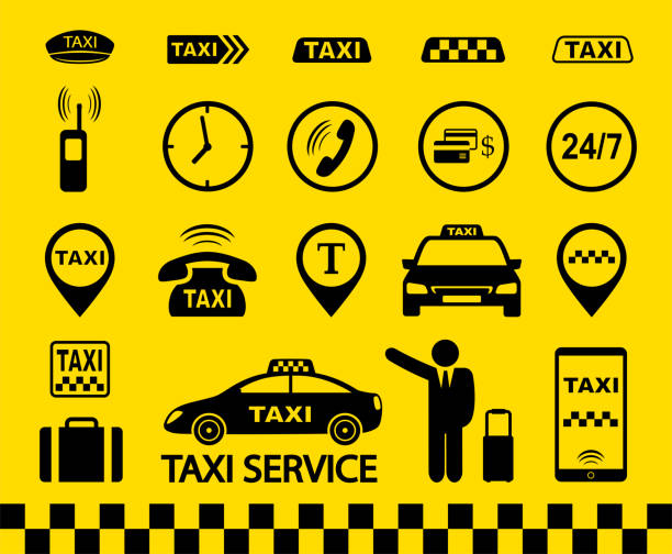 taxi icons transport set with car and passenger taxi icons set with car, passenger, sign of taxi stop, smartphone with application on yellow checkered background taxi logo background stock illustrations