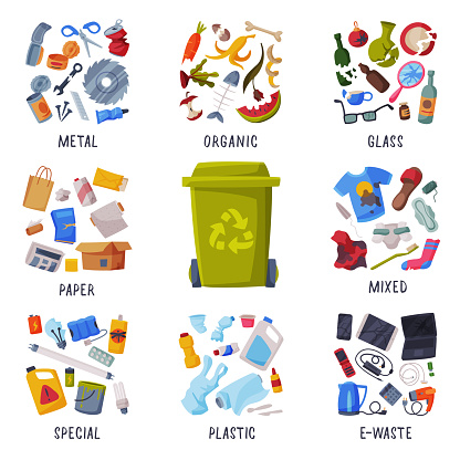 Waste Sorting, Different Types of Garbage, Paper, Plastics, Metal, Glass, Organic, E-Waste, Segregation and Separation Rubbish Disposal Refuse Bins Vector Illustration Isolated on White Background.