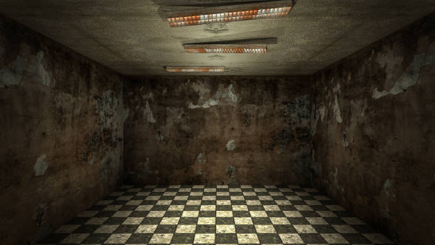 The interior design of horror and creepy damage empty room., 3D rendering.