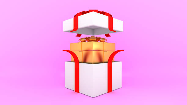 istock White gift box with red ribbon and pink balloon on blue background. 1253979189