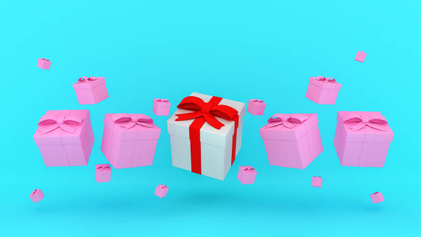 istock White gift box with red ribbon among many pink gift box floating on blue background. 1253979211