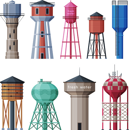 Water Tower Industrial Constructions Collection, Countryside Life Objects Flat Vector Illustration Isolated on White Background.