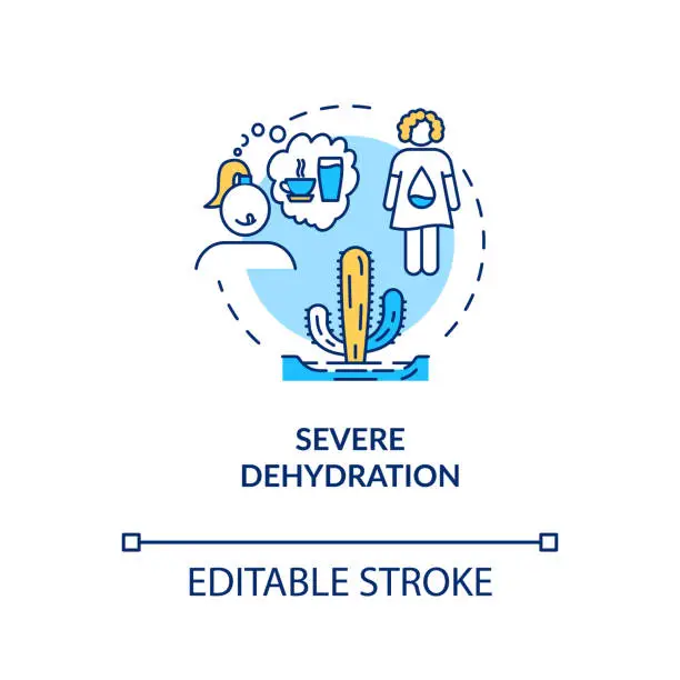 Vector illustration of Severe dehydration concept icon. Lack of water in human body. Thirsty woman. Girl think of fluid. Rotavirus sign idea thin line illustration. Vector isolated outline RGB color drawing. Editable stroke