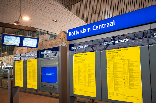 Information boards inside Rotterdam Centraal train station in the Netherlands