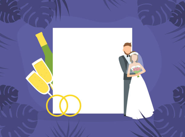 istock Wedding Day, Happy Romantic Just Married Couple Embracing in front of Blank Empty Banner Flat Vector Illustration 1253983904