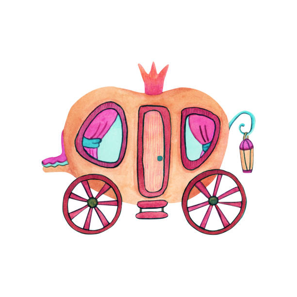 Watercolor fairy carriage for princess. Fairy carriage for princess decorated with crown and curtains on the windows in doodle style. Watercolor illustration  isolated on white background. Great for kids products design. fairy door fairy tale antique stock illustrations