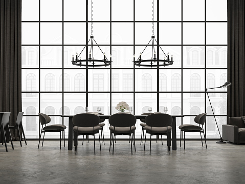 Industrial loft dining room 3d render,There are concrete floor,decorated with black wooden furniture,The room has large windows. Looking out to see classical building outside.