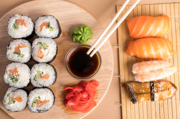 istock Composition with delicious nigiri sushi and rolls 1253988809