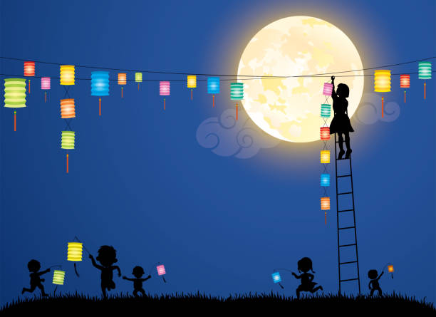 Girl hanging the Chinese lantern under moonlight vector illustration Girl hanging the Chinese lantern under moonlight vector illustration to celebrate Mid Autumn festival girl climbing ladder stock illustrations