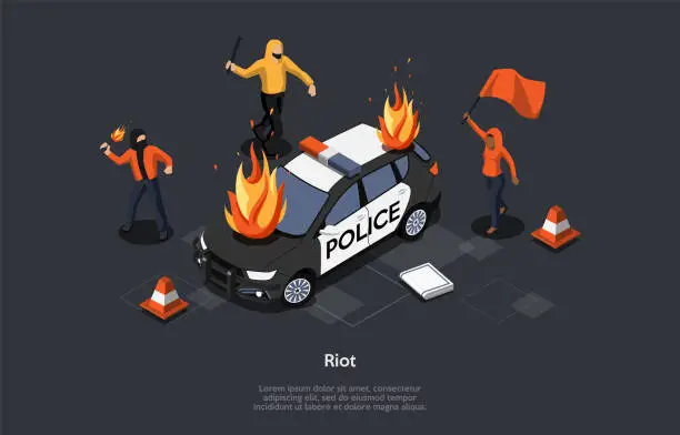 Vector illustration of Concept Of Looting. Multi ethnic Group Of People Break Police Car Throwing Molotov Cocktail. Aggressive Masked Characters Break Law, Make Riot On The Streets. Cartoon Isometric 3D Vector Illustration