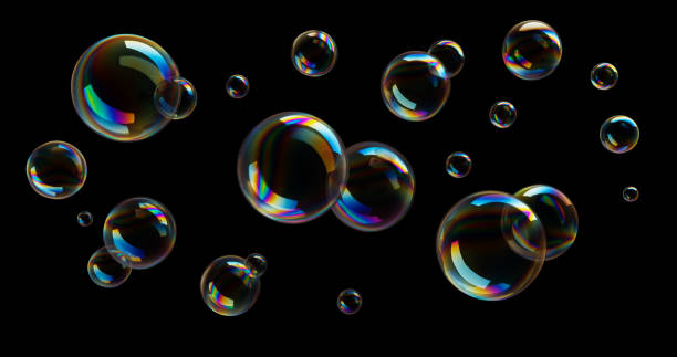 Soap Bubbles on black background Group of colorful soap bubbles flying on black background froth decoration stock pictures, royalty-free photos & images