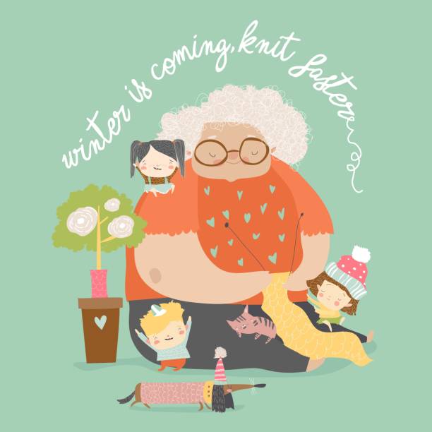 мультфильм смешные бабушки вязать для своих внуков и домашних животных - grandmother knitting senior women senior adult stock illustrations