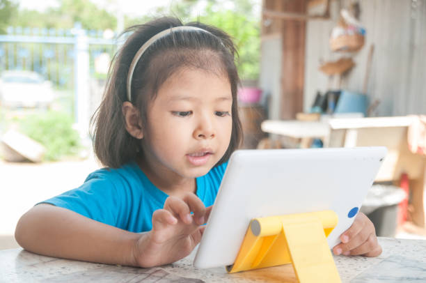 istock Asian Girl learning online course or playing game online at home. 1253995769