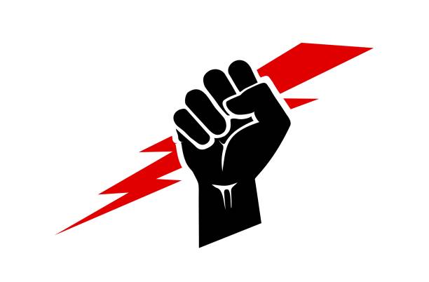 Raised hand icon, clenched fist with a lightning bolt. Raised hand holding a lightning bolt. A clenched fist icon in black and red, symbolizing energy, strength, power, triumph, freedom, victory and solidarity. exploitation stock illustrations