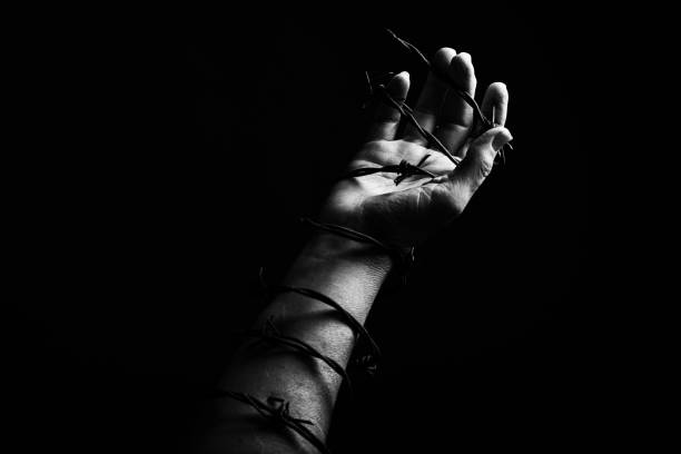 Concept photo of a hand and arm tied with barbed wire in studio artistic conversion stock photo