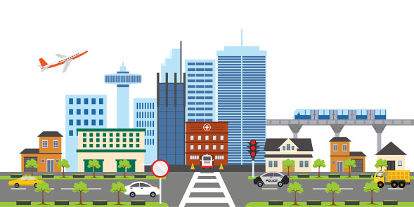 Urban city landscape set design, vector illustration flat element of houses building with car, airplane, traffic light, and train station. Concept of suburban decoration of town city management.