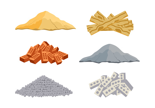 Construction material vector set collections. Pack of a pile of bricks, cement, sand, cinder blocks, wood, and stones on white background. Vector illustration for buildings.