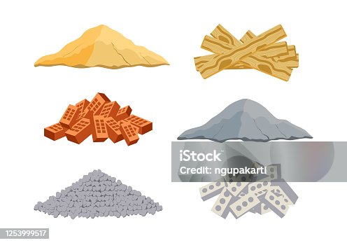 istock Construction material vector set collections. Pack of a pile of bricks, cement, sand, cinder blocks, wood, and stones on white background. Vector illustration for buildings. 1253999517