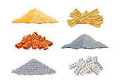 istock Construction material vector set collections. Pack of a pile of bricks, cement, sand, cinder blocks, wood, and stones on white background. Vector illustration for buildings. 1253999517