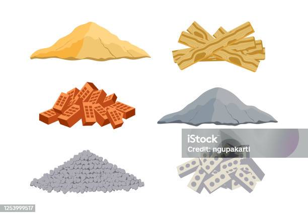 Construction Material Vector Set Collections Pack Of A Pile Of Bricks Cement Sand Cinder Blocks Wood And Stones On White Background Vector Illustration For Buildings Stock Illustration - Download Image Now