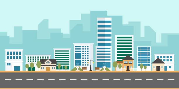 ilustrações de stock, clip art, desenhos animados e ícones de urban landscape vector with modern buildings and suburb with private houses on a background. housing apartment and city life. cityscape with houses and town, flat illustration cartoon style. - skyscraper