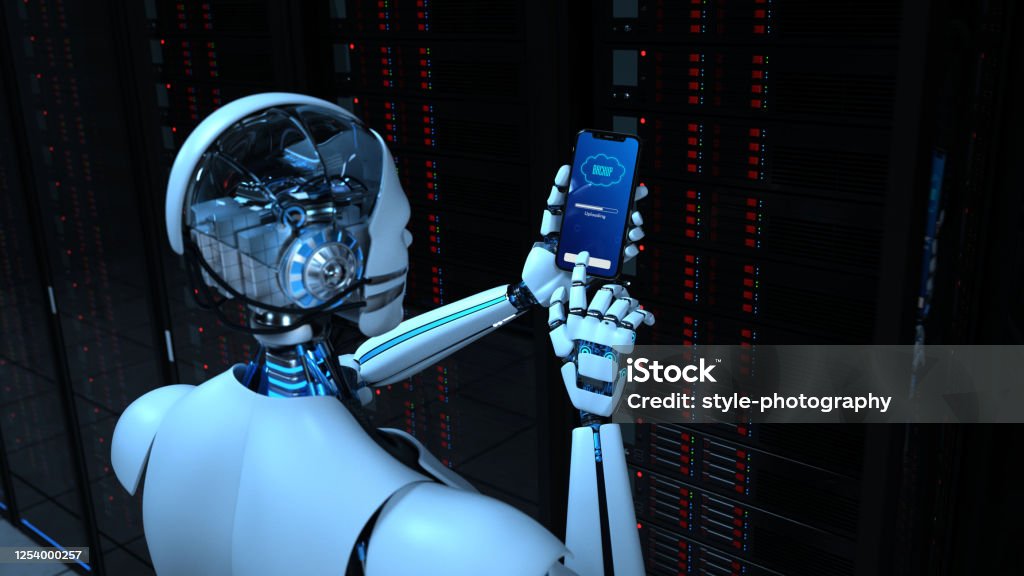 Humanoid Robot Smartphone Data Center Backup Humanoid robot makes a backup in the data center Digitization Stock Photo